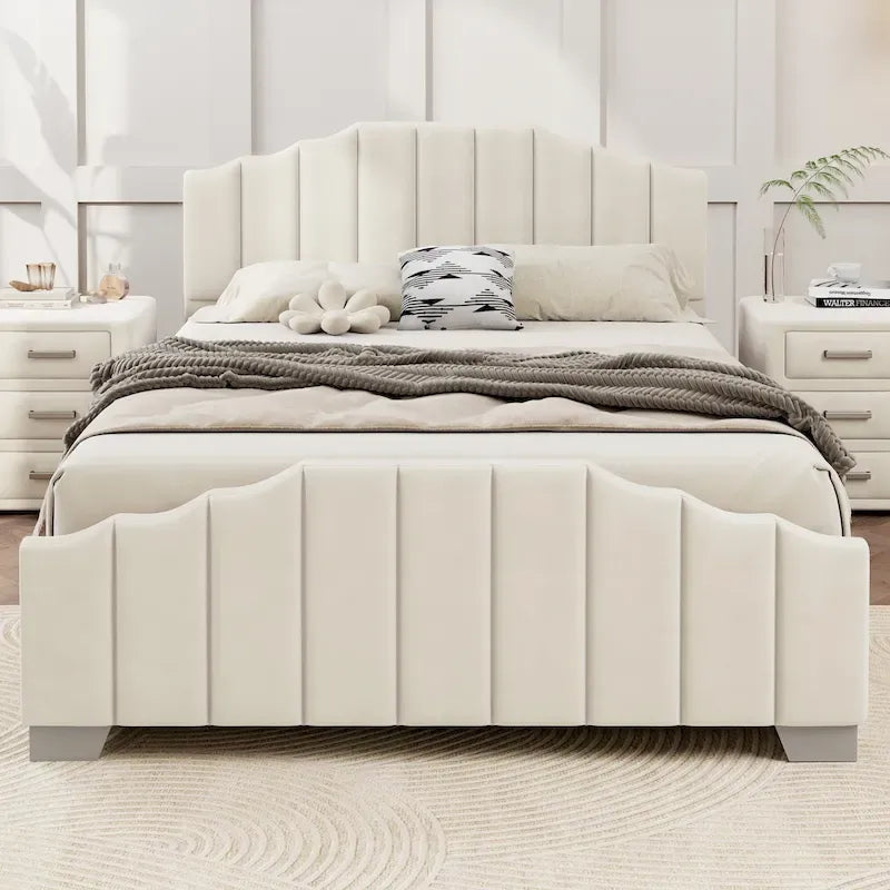 Platformbed, Tweepersoons/Queensize, Fluweel Gestoffeerd Frame, Gecapitonneerd Hoofd- en Voetbord, Geen Boxspring Nodig