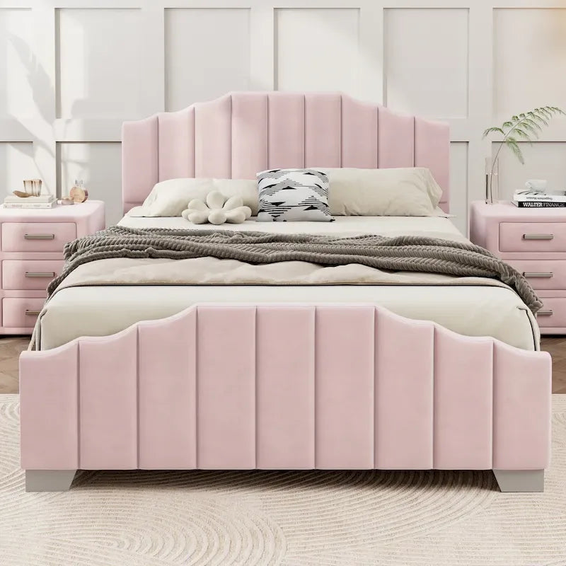 Platformbed, Tweepersoons/Queensize, Fluweel Gestoffeerd Frame, Gecapitonneerd Hoofd- en Voetbord, Geen Boxspring Nodig