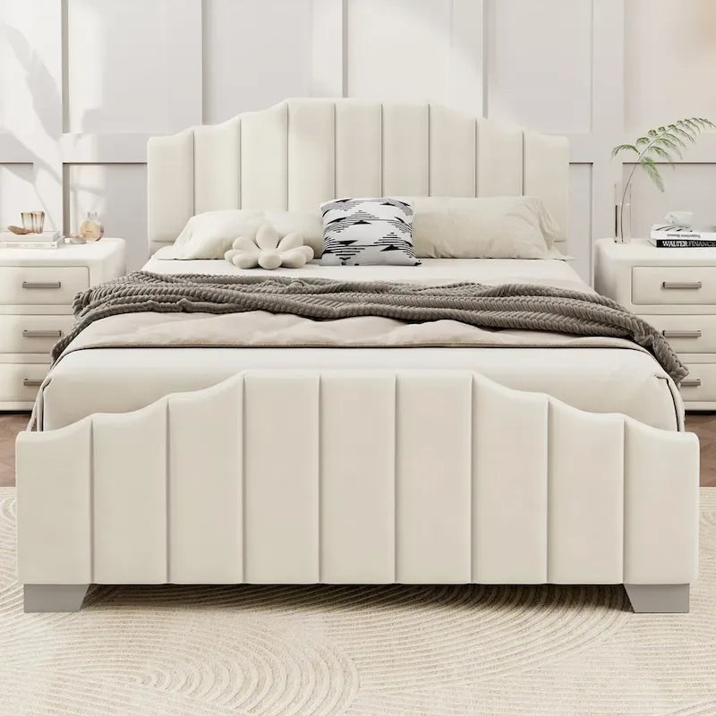 Roomfitters Full/Queen Size Platform Bed, Velvet Upholstered Frame, Tufted Headboard and Footboard, No Box Spring, Beige