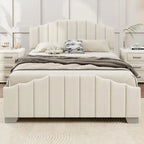 Roomfitters Full/Queen Size Platform Bed, Velvet Upholstered Frame, Tufted Headboard and Footboard, No Box Spring, Beige