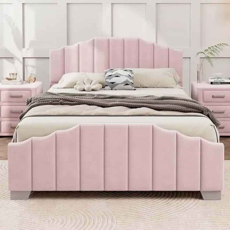 Platformbed, Tweepersoons/Queensize, Fluweel Gestoffeerd Frame, Gecapitonneerd Hoofd- en Voetbord, Geen Boxspring Nodig