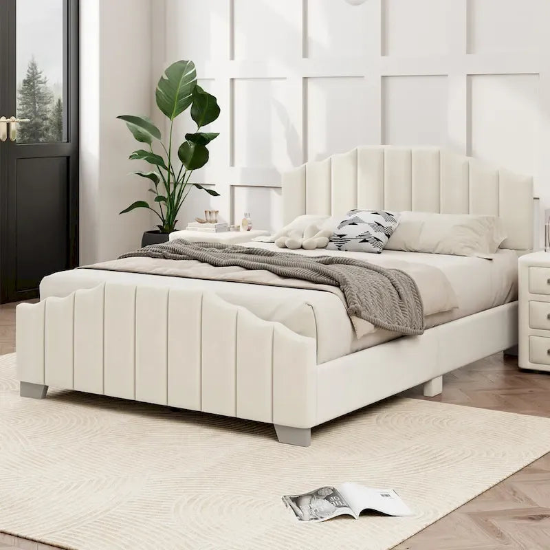 Platformbed, Tweepersoons/Queensize, Fluweel Gestoffeerd Frame, Gecapitonneerd Hoofd- en Voetbord, Geen Boxspring Nodig