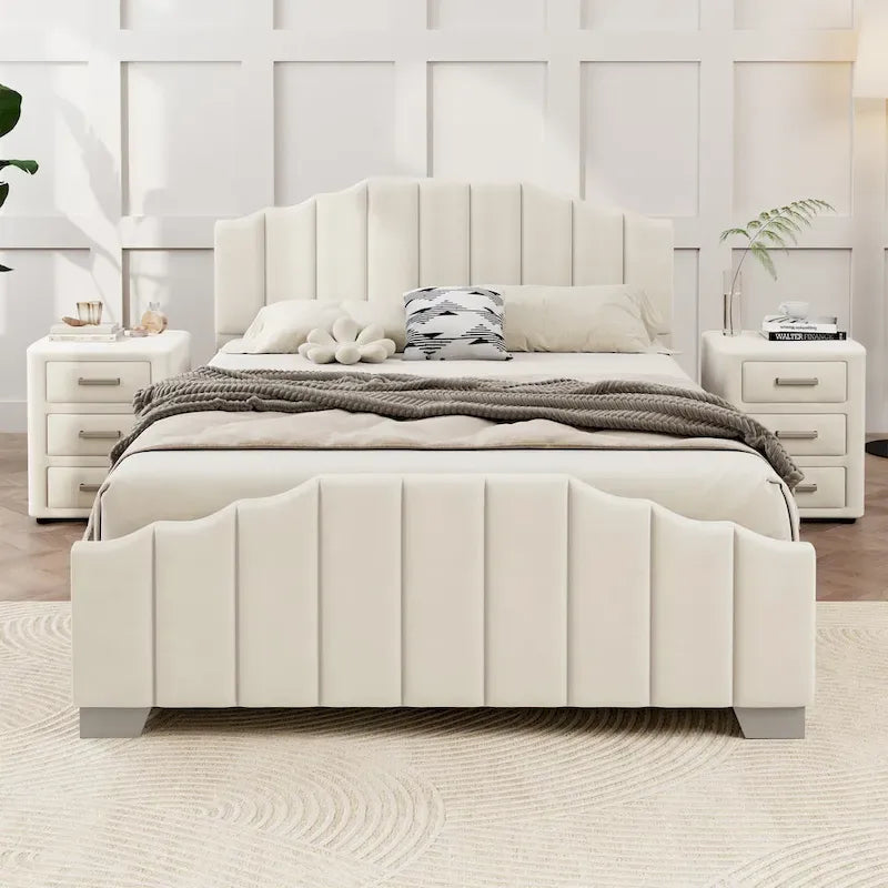 Platformbed, Tweepersoons/Queensize, Fluweel Gestoffeerd Frame, Gecapitonneerd Hoofd- en Voetbord, Geen Boxspring Nodig