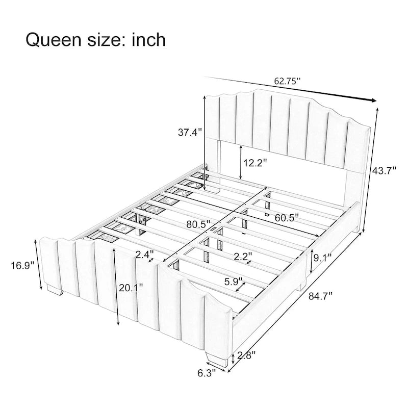 Platformbed, Tweepersoons/Queensize, Fluweel Gestoffeerd Frame, Gecapitonneerd Hoofd- en Voetbord, Geen Boxspring Nodig