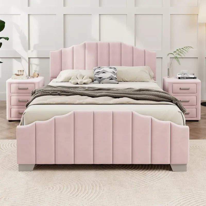 Platformbed, Tweepersoons/Queensize, Fluweel Gestoffeerd Frame, Gecapitonneerd Hoofd- en Voetbord, Geen Boxspring Nodig