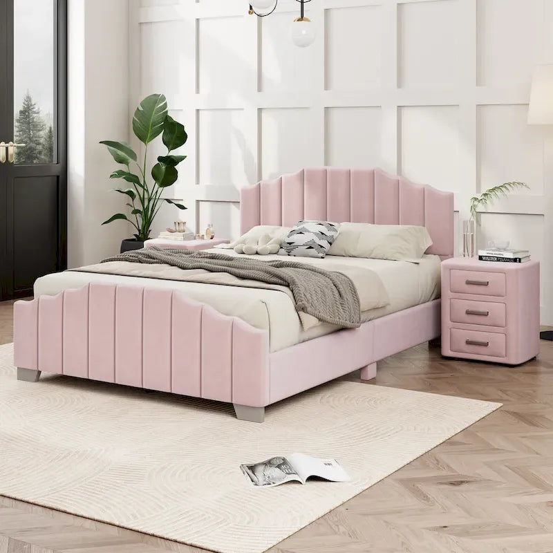 Platformbed, Tweepersoons/Queensize, Fluweel Gestoffeerd Frame, Gecapitonneerd Hoofd- en Voetbord, Geen Boxspring Nodig