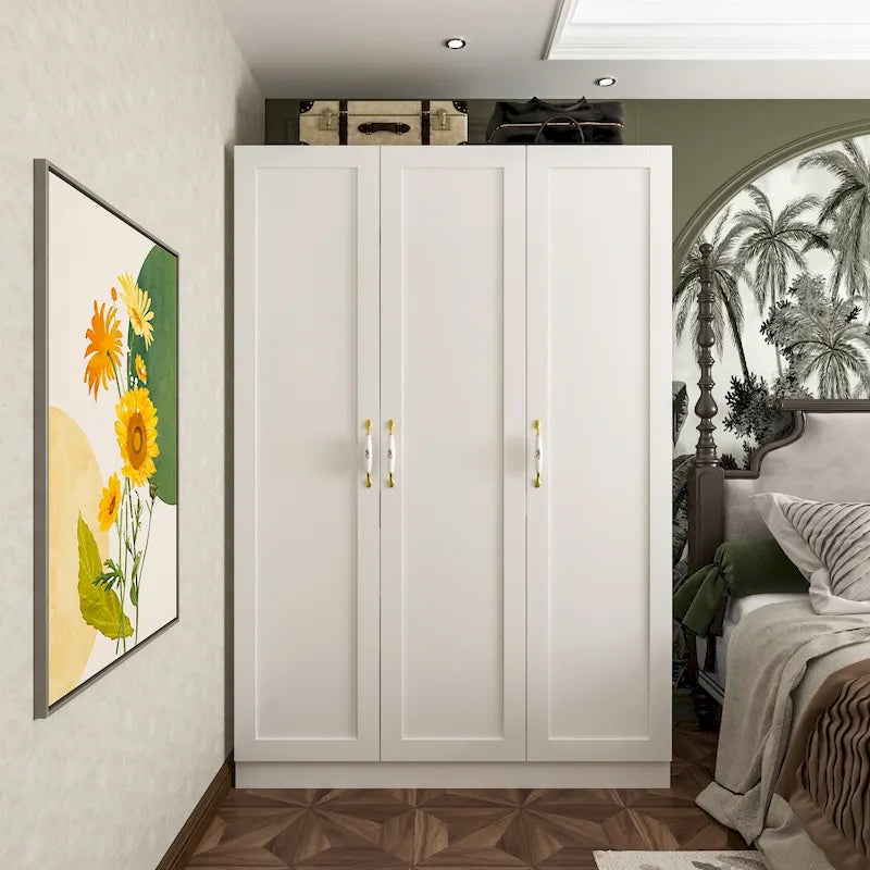 120 cm Brede Armoire Kledingkast met 3 Deuren, 2 Ophangroedes & Bloemenhandgrepen