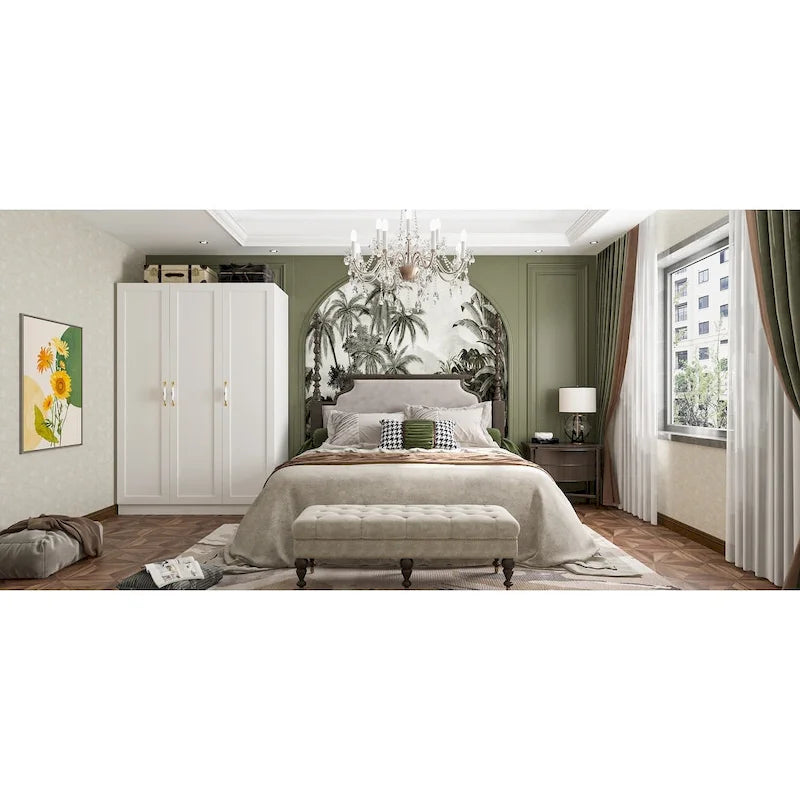 120 cm Brede Armoire Kledingkast met 3 Deuren, 2 Ophangroedes & Bloemenhandgrepen
