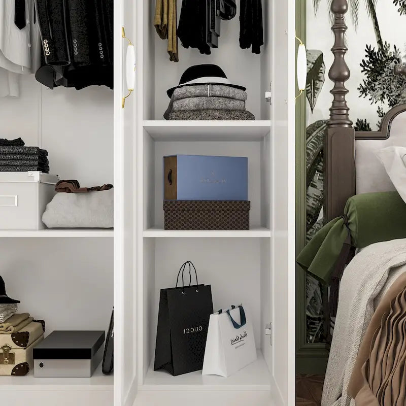 120 cm Brede Armoire Kledingkast met 3 Deuren, 2 Ophangroedes & Bloemenhandgrepen