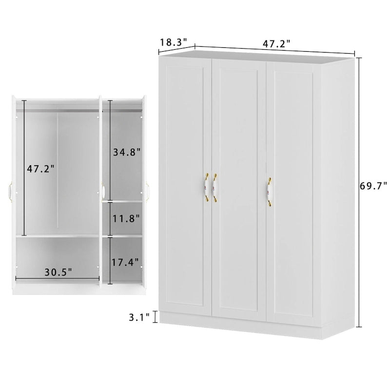 120 cm Brede Armoire Kledingkast met 3 Deuren, 2 Ophangroedes & Bloemenhandgrepen