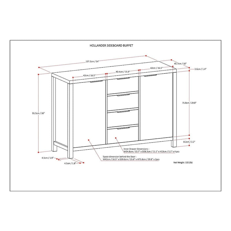 54-inch massief houten dressoir met lades en kasten