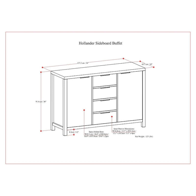 54-inch massief houten dressoir met lades en kasten