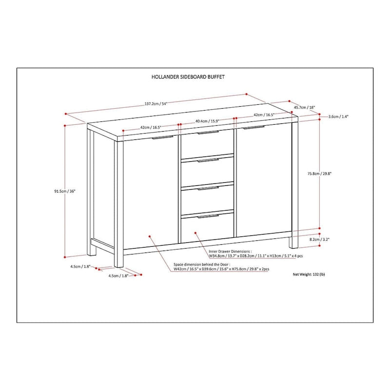 54-inch massief houten dressoir met lades en kasten