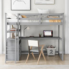 Eenpersoons hoogslaper met bureau, planken en twee laden