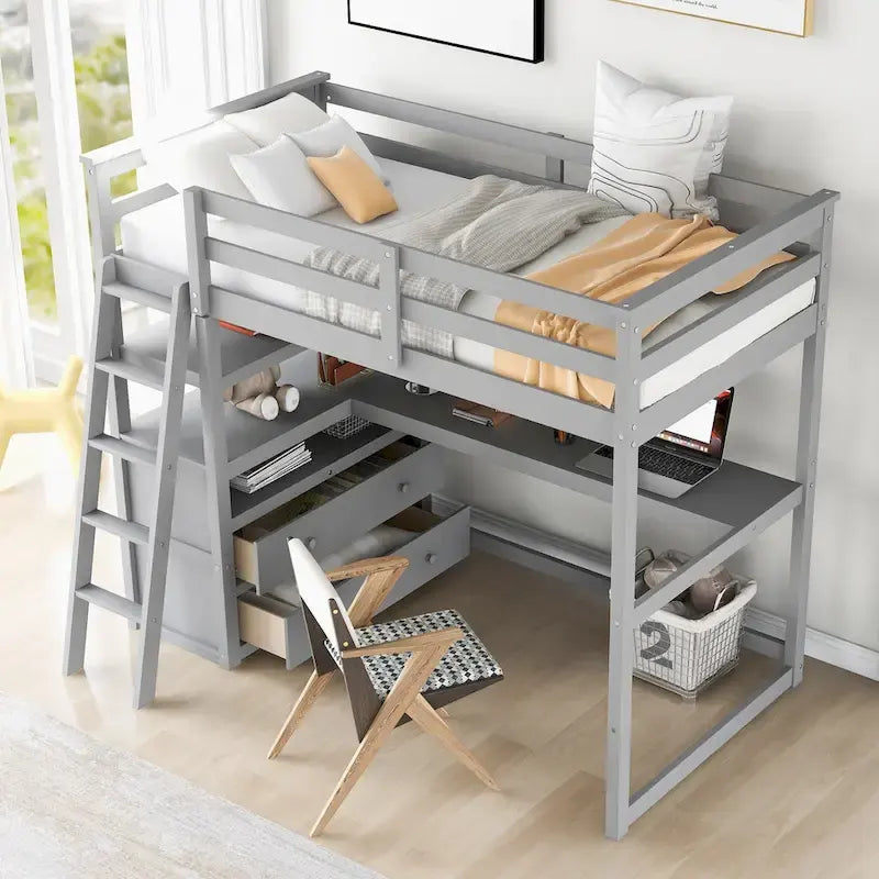 Eenpersoons hoogslaper met bureau, planken en twee laden