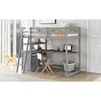 Eenpersoons hoogslaper met bureau, planken en twee laden