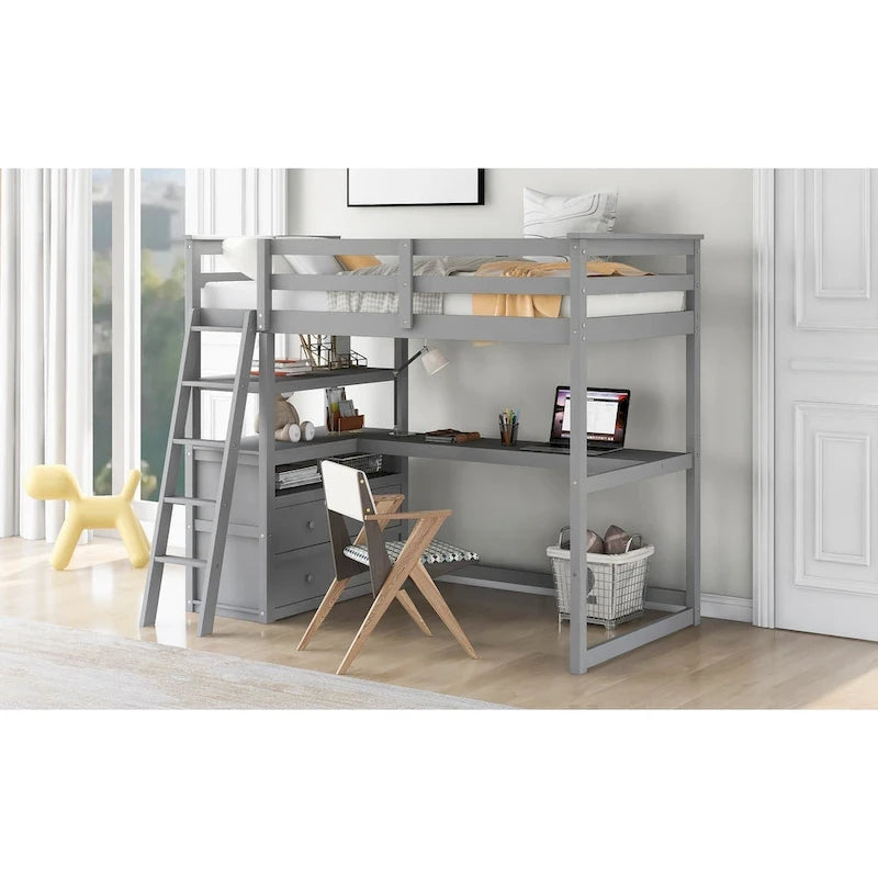 Eenpersoons hoogslaper met bureau, planken en twee laden