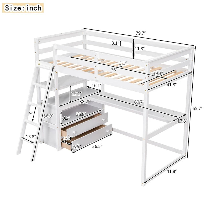 Eenpersoons hoogslaper met bureau, planken en twee laden
