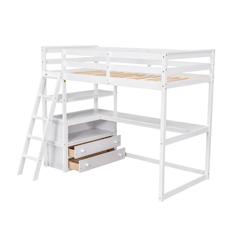 Eenpersoons hoogslaper met bureau, planken en twee laden