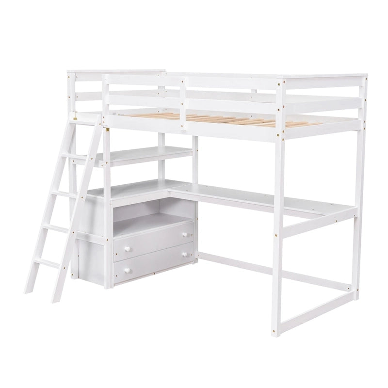 Eenpersoons hoogslaper met bureau, planken en twee laden