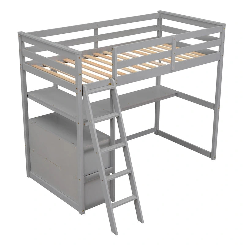 Eenpersoons hoogslaper met bureau, planken en twee laden