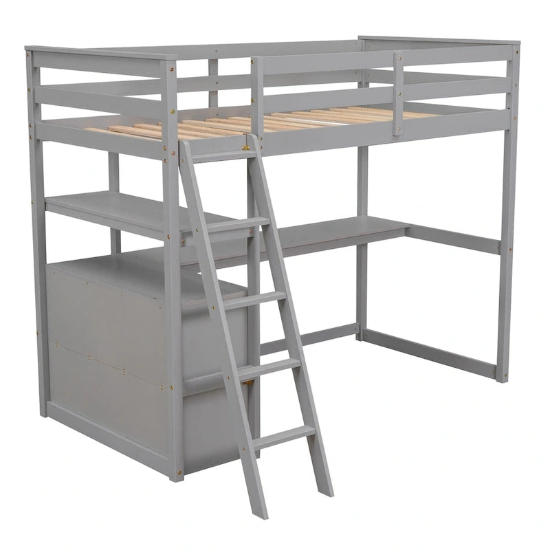 Eenpersoons hoogslaper met bureau, planken en twee laden