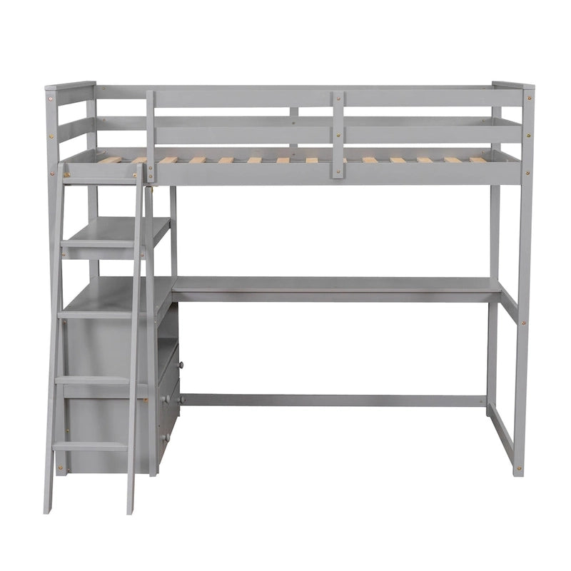 Eenpersoons hoogslaper met bureau, planken en twee laden