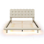 Tweepersoonsbed met fluwelen platform en LED-frame en gecapitonneerd hoofdeinde, beige
