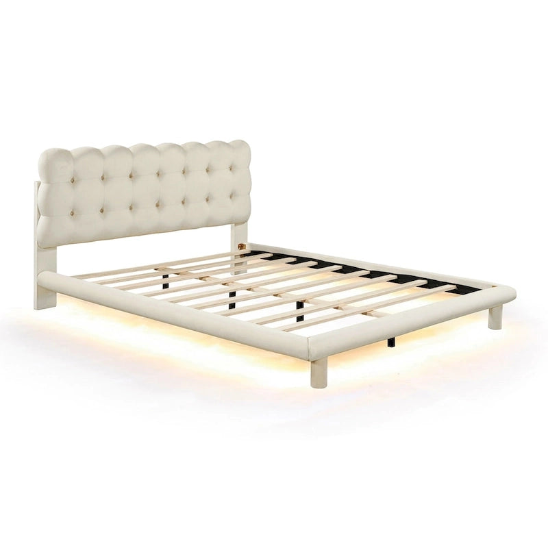 Tweepersoonsbed met fluwelen platform en LED-frame en gecapitonneerd hoofdeinde, beige