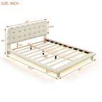Tweepersoonsbed met fluwelen platform en LED-frame en gecapitonneerd hoofdeinde, beige