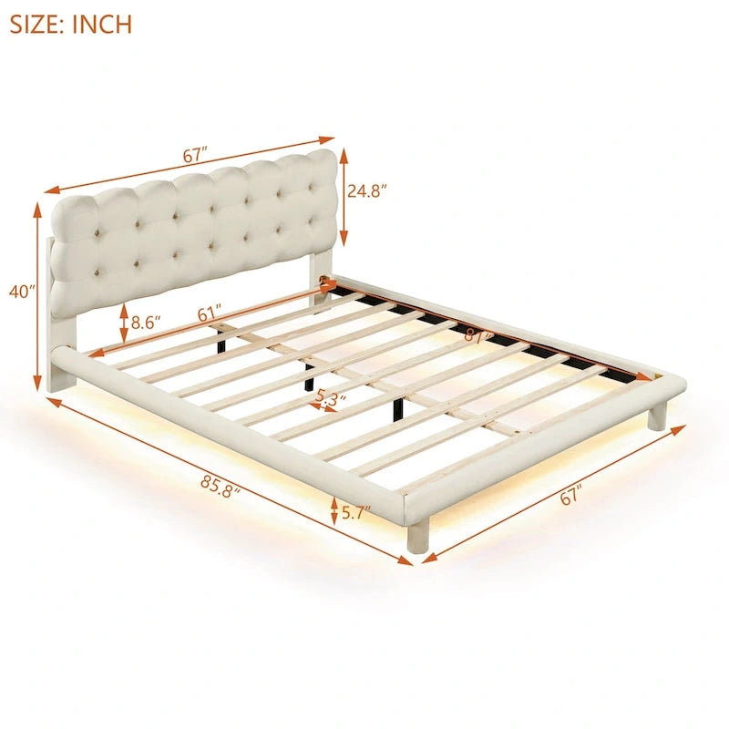 Tweepersoonsbed met fluwelen platform en LED-frame en gecapitonneerd hoofdeinde, beige