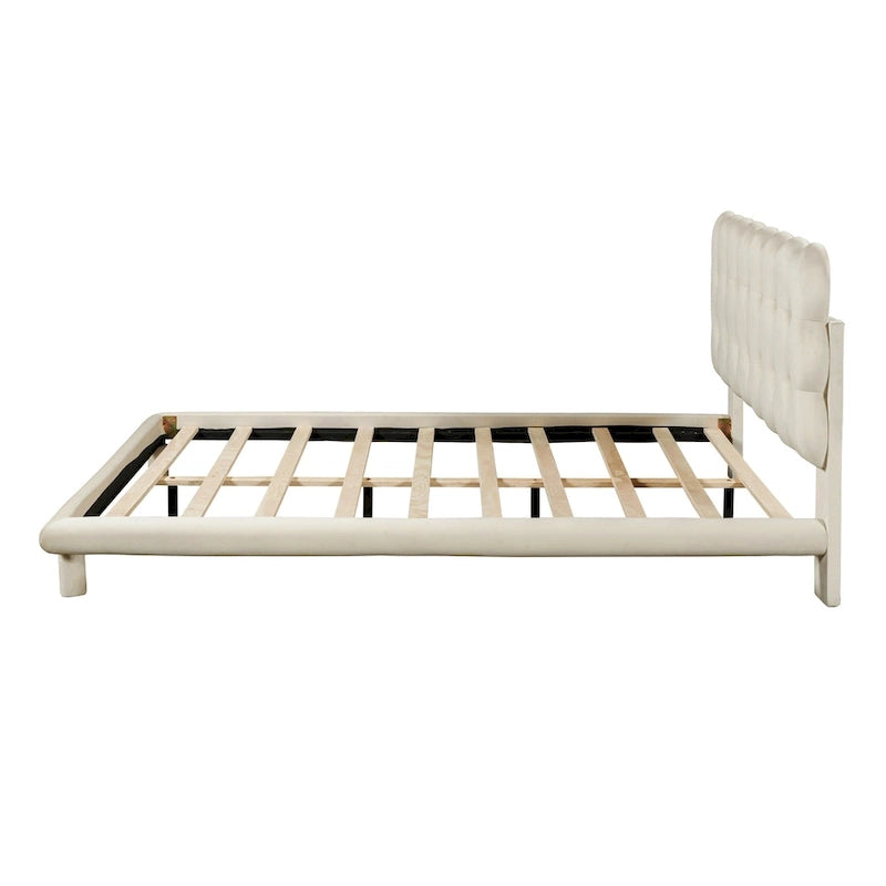 Tweepersoonsbed met fluwelen platform en LED-frame en gecapitonneerd hoofdeinde, beige