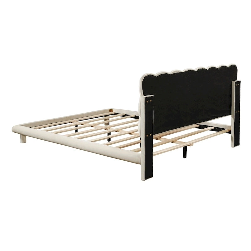 Tweepersoonsbed met fluwelen platform en LED-frame en gecapitonneerd hoofdeinde, beige