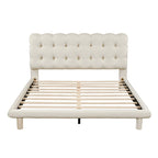 Tweepersoonsbed met fluwelen platform en LED-frame en gecapitonneerd hoofdeinde, beige