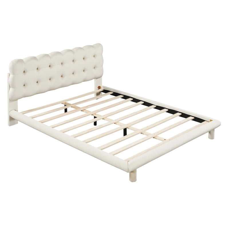 Tweepersoonsbed met fluwelen platform en LED-frame en gecapitonneerd hoofdeinde, beige