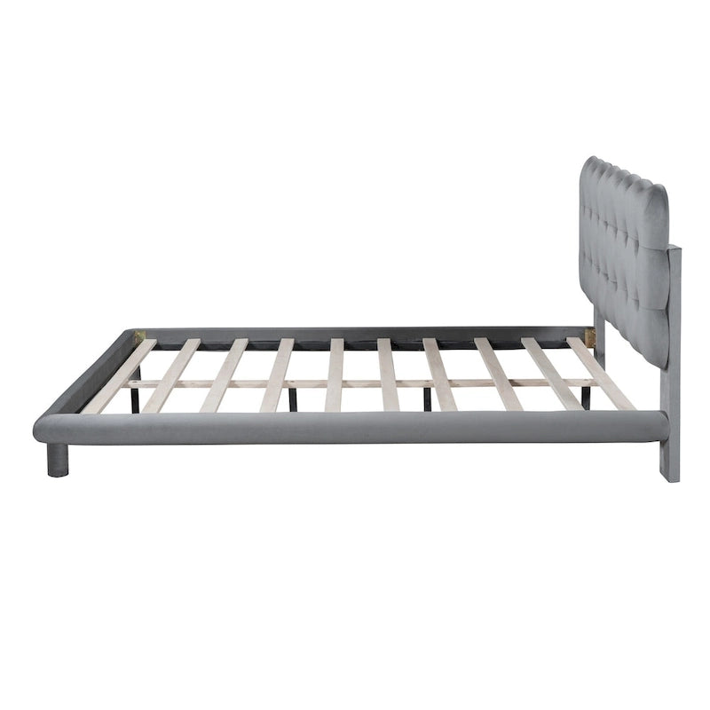 Tweepersoonsbed met fluwelen platform en LED-frame en gecapitonneerd hoofdeinde, beige