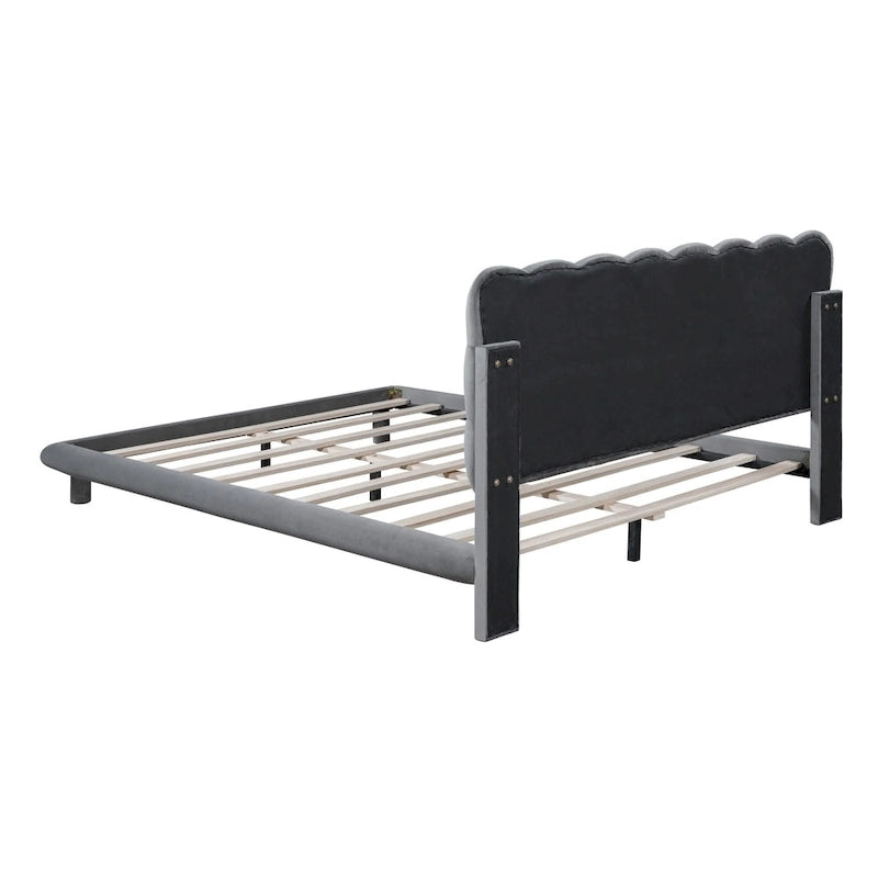 Tweepersoonsbed met fluwelen platform en LED-frame en gecapitonneerd hoofdeinde, beige