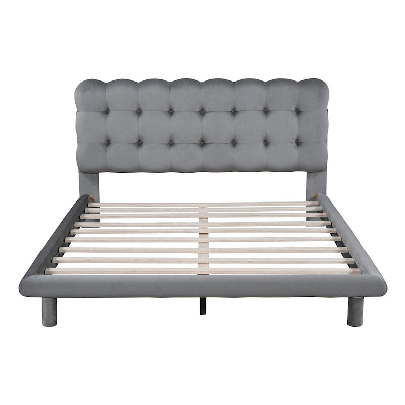 Tweepersoonsbed met fluwelen platform en LED-frame en gecapitonneerd hoofdeinde, beige