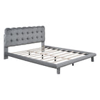 Tweepersoonsbed met fluwelen platform en LED-frame en gecapitonneerd hoofdeinde, beige