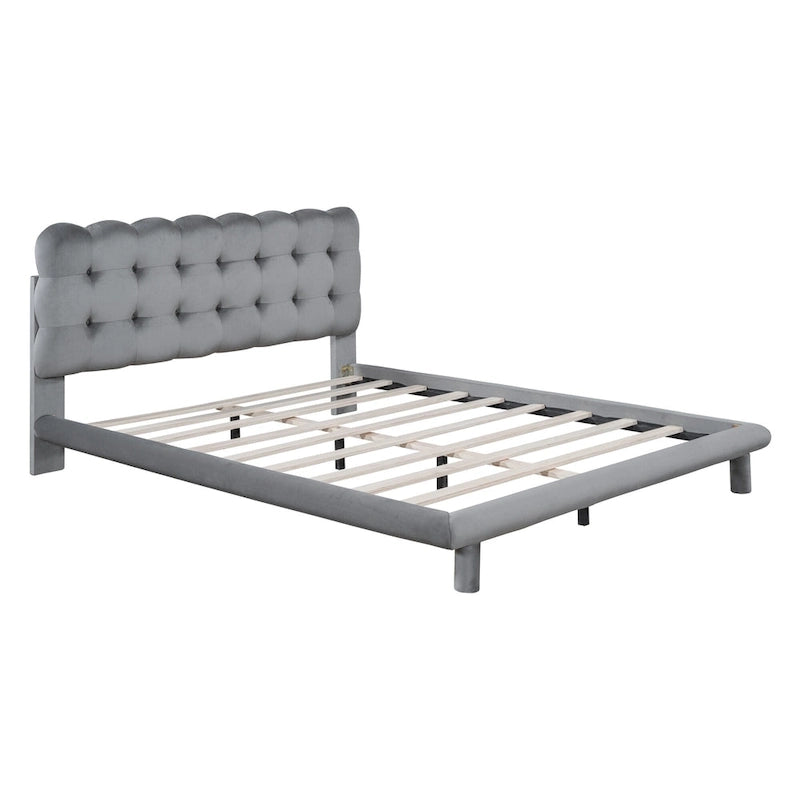 Tweepersoonsbed met fluwelen platform en LED-frame en gecapitonneerd hoofdeinde, beige