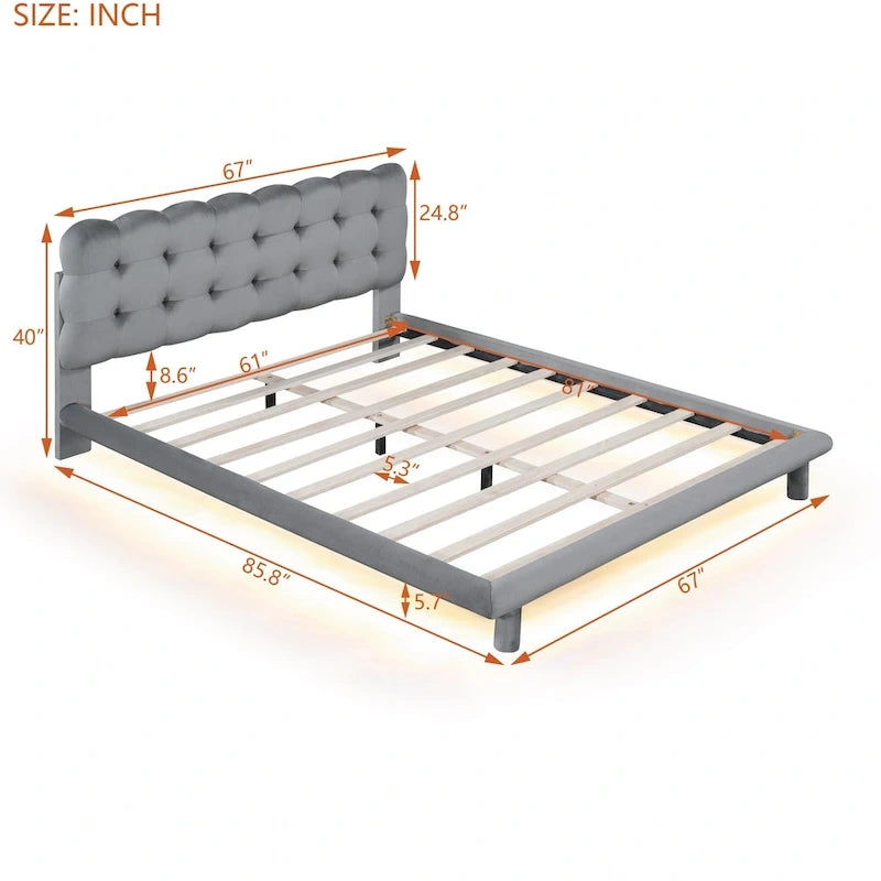 Tweepersoonsbed met fluwelen platform en LED-frame en gecapitonneerd hoofdeinde, beige