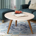 24 Inch Modern Coffee Table, Round Off White MDF Top, Tapered Brown Mango Wood Legs