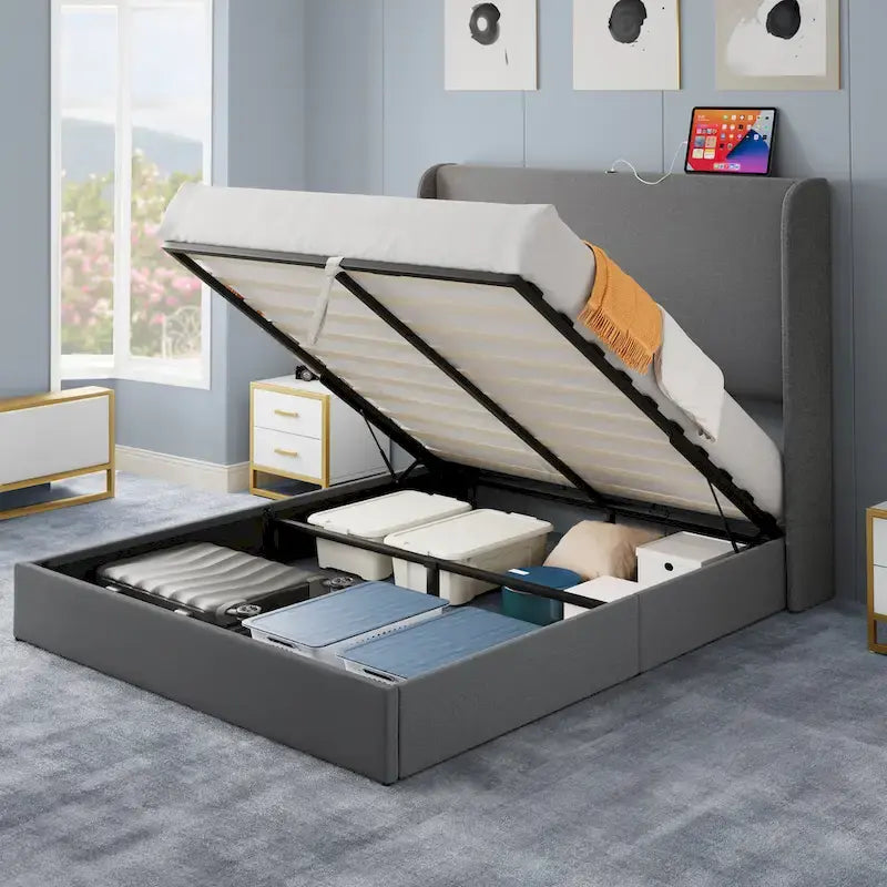 Opklapbaar bedframe met opbergruimte, USB-poorten en gestoffeerd hoofdbord