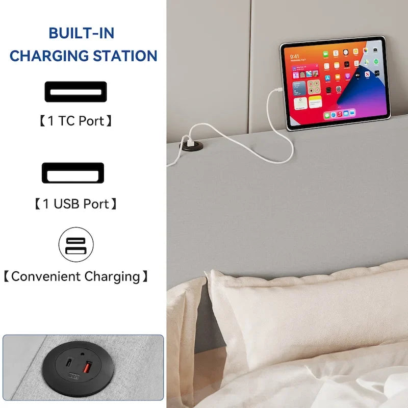 Opklapbaar bedframe met opbergruimte, USB-poorten en gestoffeerd hoofdbord