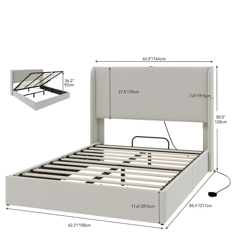 Opklapbaar bedframe met opbergruimte, USB-poorten en gestoffeerd hoofdbord
