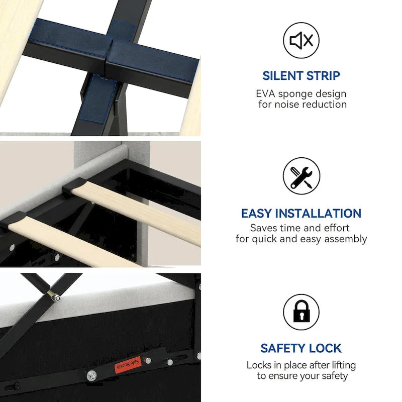 Opklapbaar bedframe met opbergruimte, USB-poorten en gestoffeerd hoofdbord