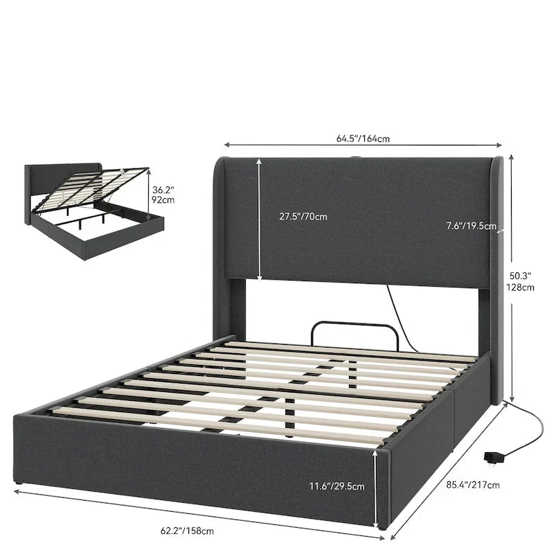 Opklapbaar bedframe met opbergruimte, USB-poorten en gestoffeerd hoofdbord