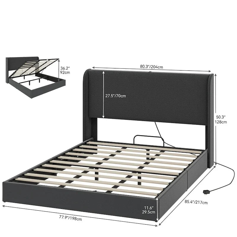 Opklapbaar bedframe met opbergruimte, USB-poorten en gestoffeerd hoofdbord