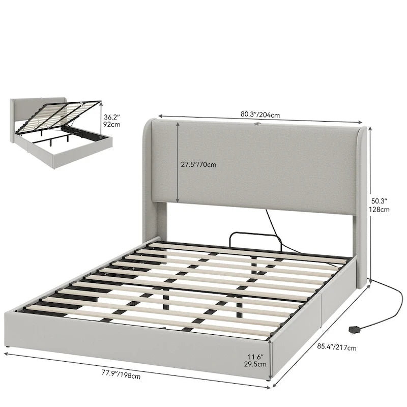 Opklapbaar bedframe met opbergruimte, USB-poorten en gestoffeerd hoofdbord