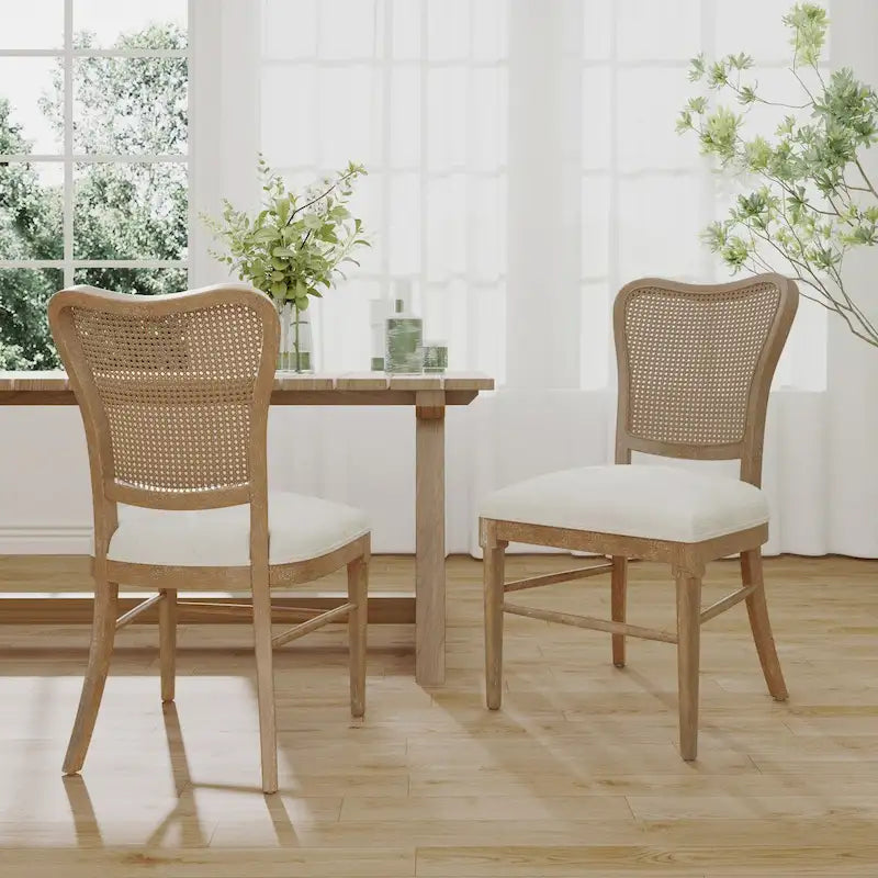 Farmhouse Rubberwood Eetkamerstoelen met Rieten Rugleuning (Set van 2)